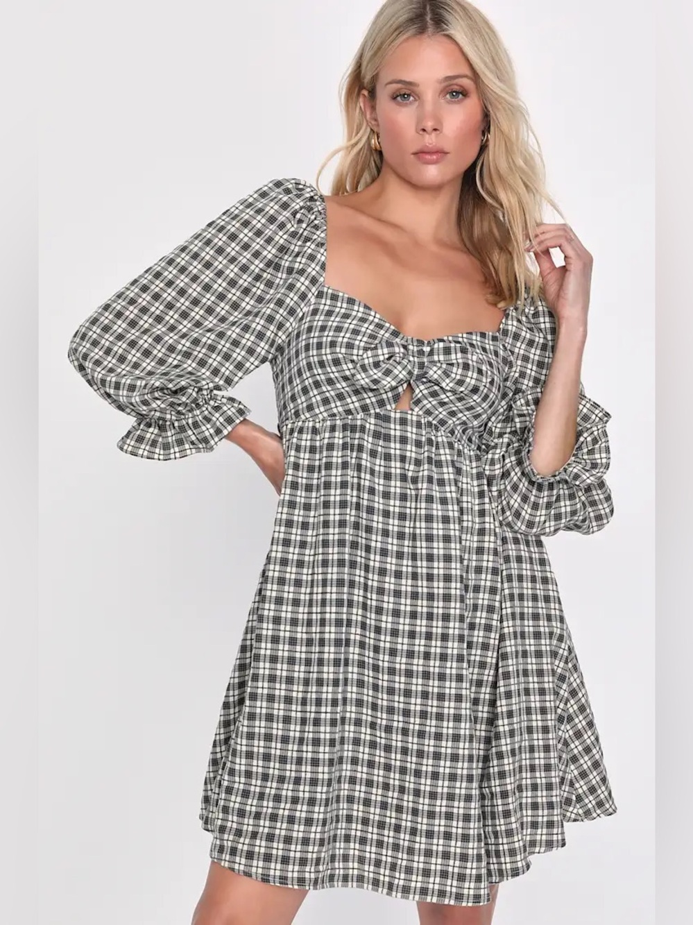 Lulus Grey & Cream Gingham Puff Sleeve Tie Front Babydoll Mini Dress S